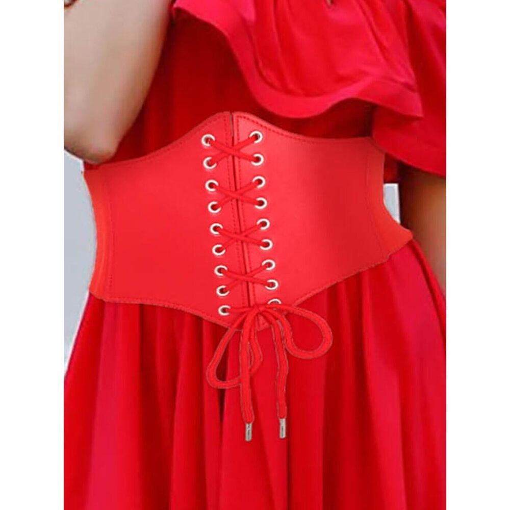 9774 Stretchy Leather Corset Belt Elastic Red Waist Belts Wide Costume - Picture 6 of 6
